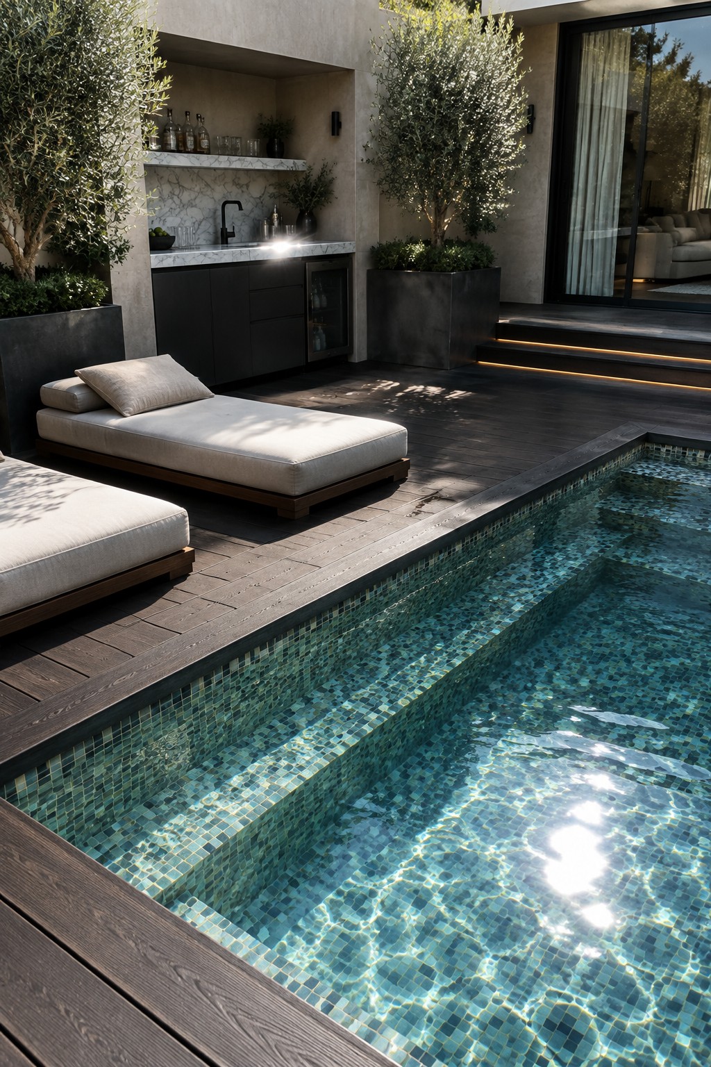 A plunge pool with mosaic tile edges is surrounded by dark wood decking, with two lounge chairs and an outdoor bar area visible nearby.