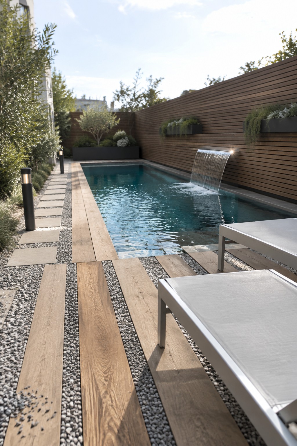 Modern rectangular pool with waterfall, wooden deck, lounge chairs and gravel paths