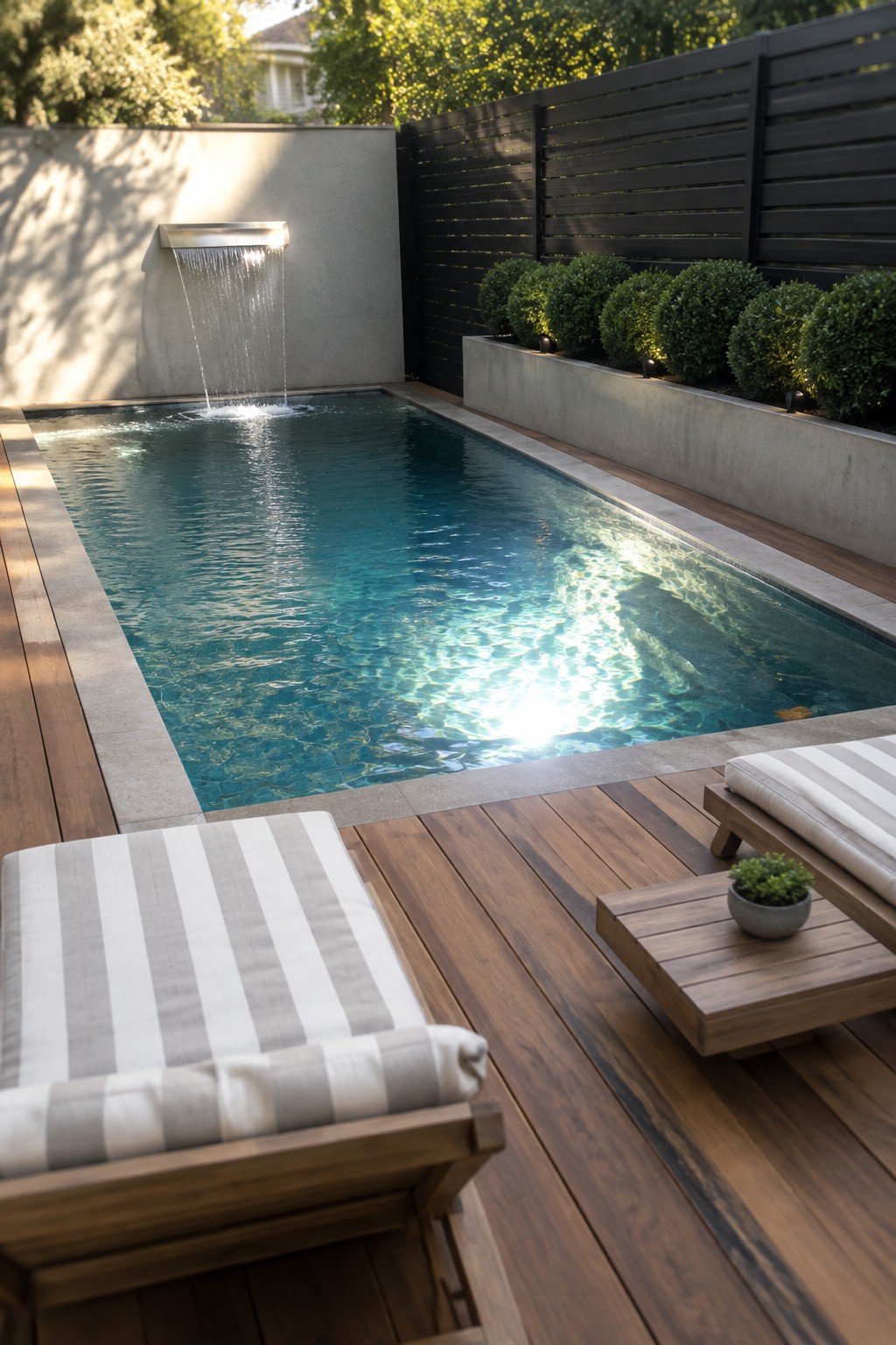 A rectangular plunge pool with a wall-mounted waterfall, bordered by wooden decking, striped lounge chairs, and a concrete planter with shrubs.