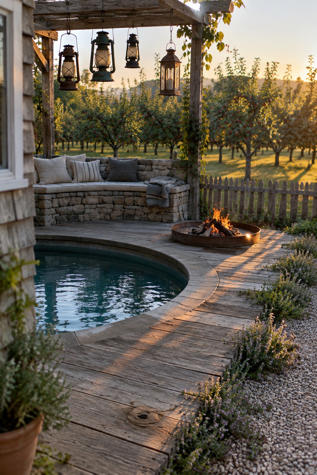 A small plunge pool with a curved wooden deck surround, a fire pit on the deck, hanging lanterns, and a stone bench in the background.