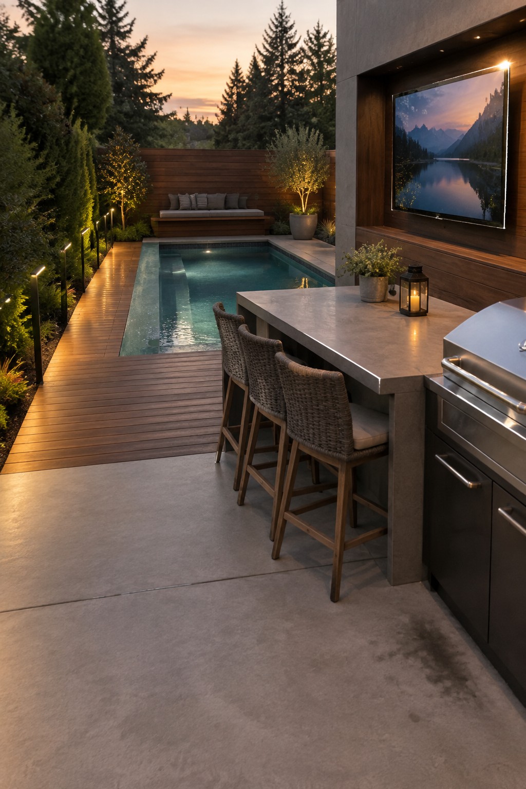 Modern outdoor kitchen with bar stools beside illuminated pool at dusk.