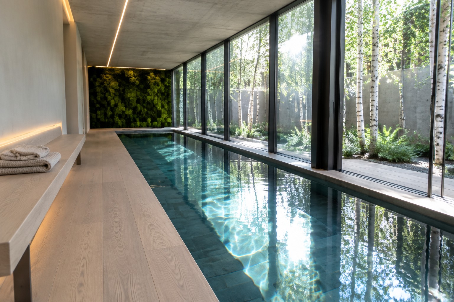 An indoor lap pool runs alongside floor-to-ceiling glass walls with black frames, showing trees and greenery outside, while a green living wall stands at the far end and light wood flooring extends along the right side.