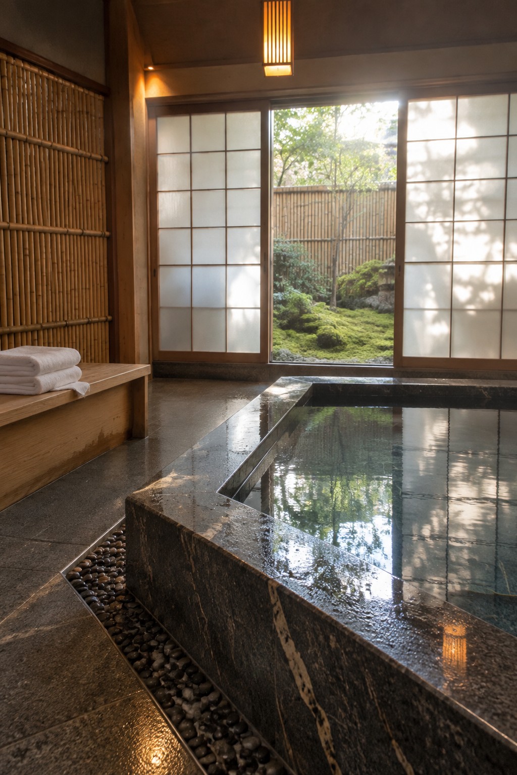 An indoor soaking pool with dark stone coping sits beside large sliding shoji-style doors open to a mossy garden with trees and bamboo fencing.
