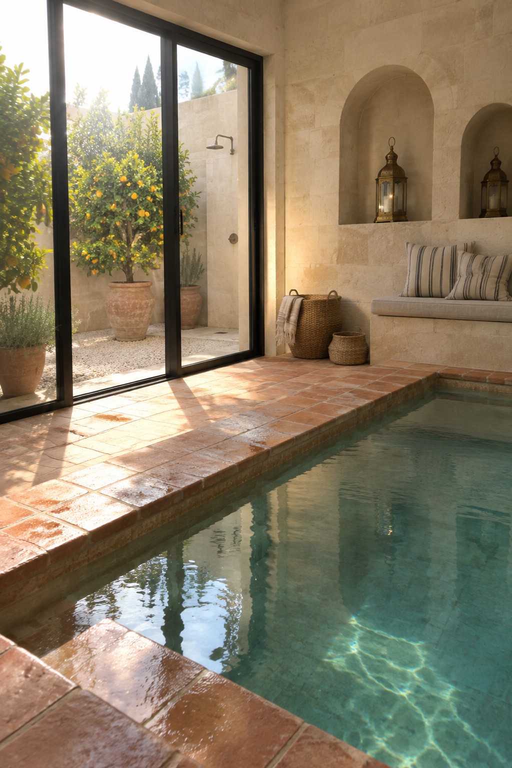 An indoor pool area with terracotta tile flooring and large black sliding glass doors open to a courtyard with potted citrus trees and an outdoor shower.