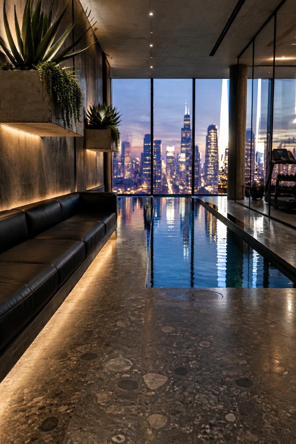 An indoor pool with a black leather sofa on the left and floor-to-ceiling glass windows showing a city skyline at dusk.