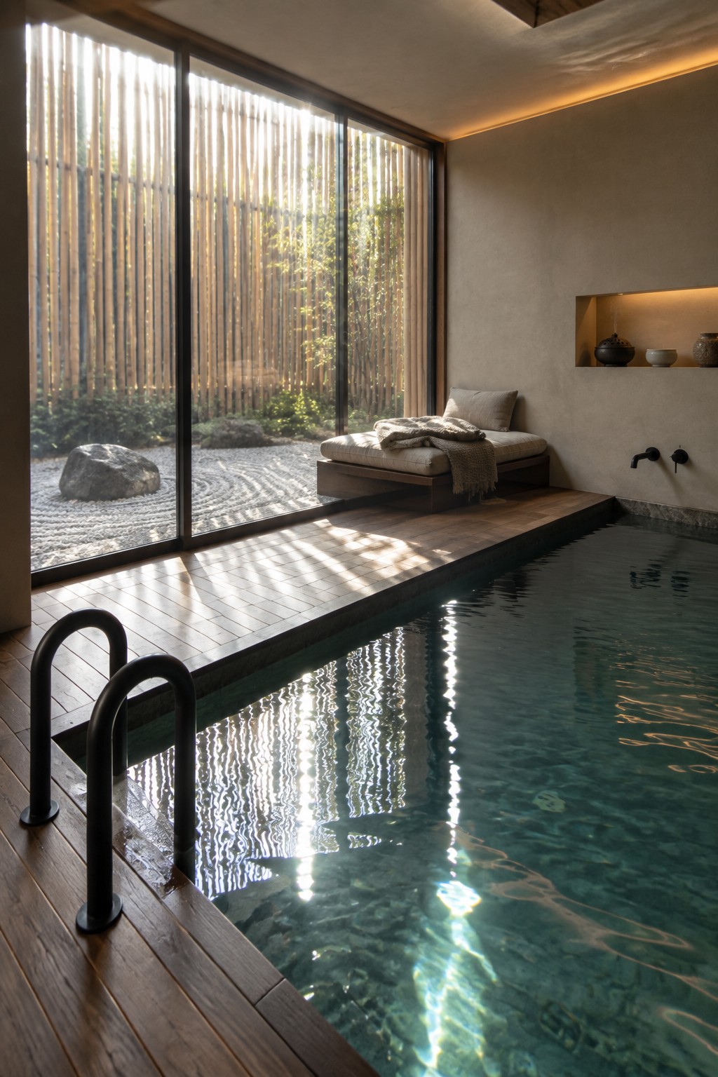 Indoor pool with wooden deck overlooking raked zen garden through large windows