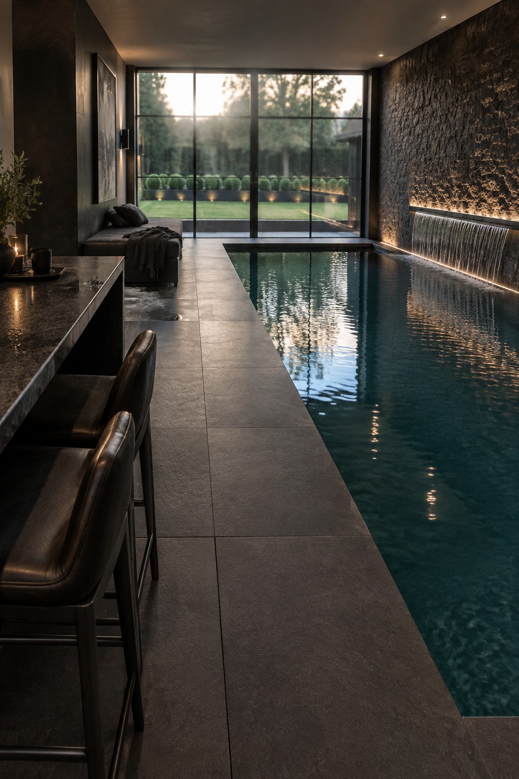 An indoor lap pool with dark stone walls, a waterfall feature on the right, floor-to-ceiling glass windows showing a lawn and trees outside, and a bar with leather stools on the left.