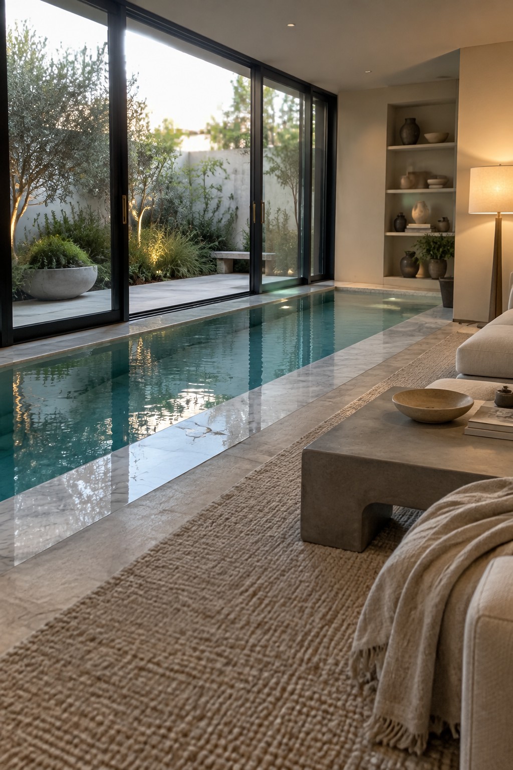 Modern living room with long indoor pool, marble floors, beige sofa, and garden view.