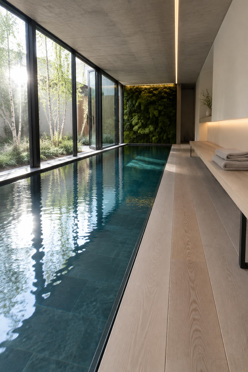 An indoor lap pool runs alongside floor-to-ceiling glass walls with black frames, showing trees and greenery outside, while a green living wall stands at the far end and light wood flooring extends along the right side.