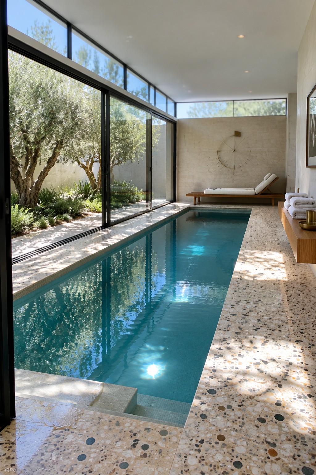 Indoor lap pool with floor-to-ceiling sliding glass doors opening to a garden with trees and a lounge chair on terrazzo flooring.