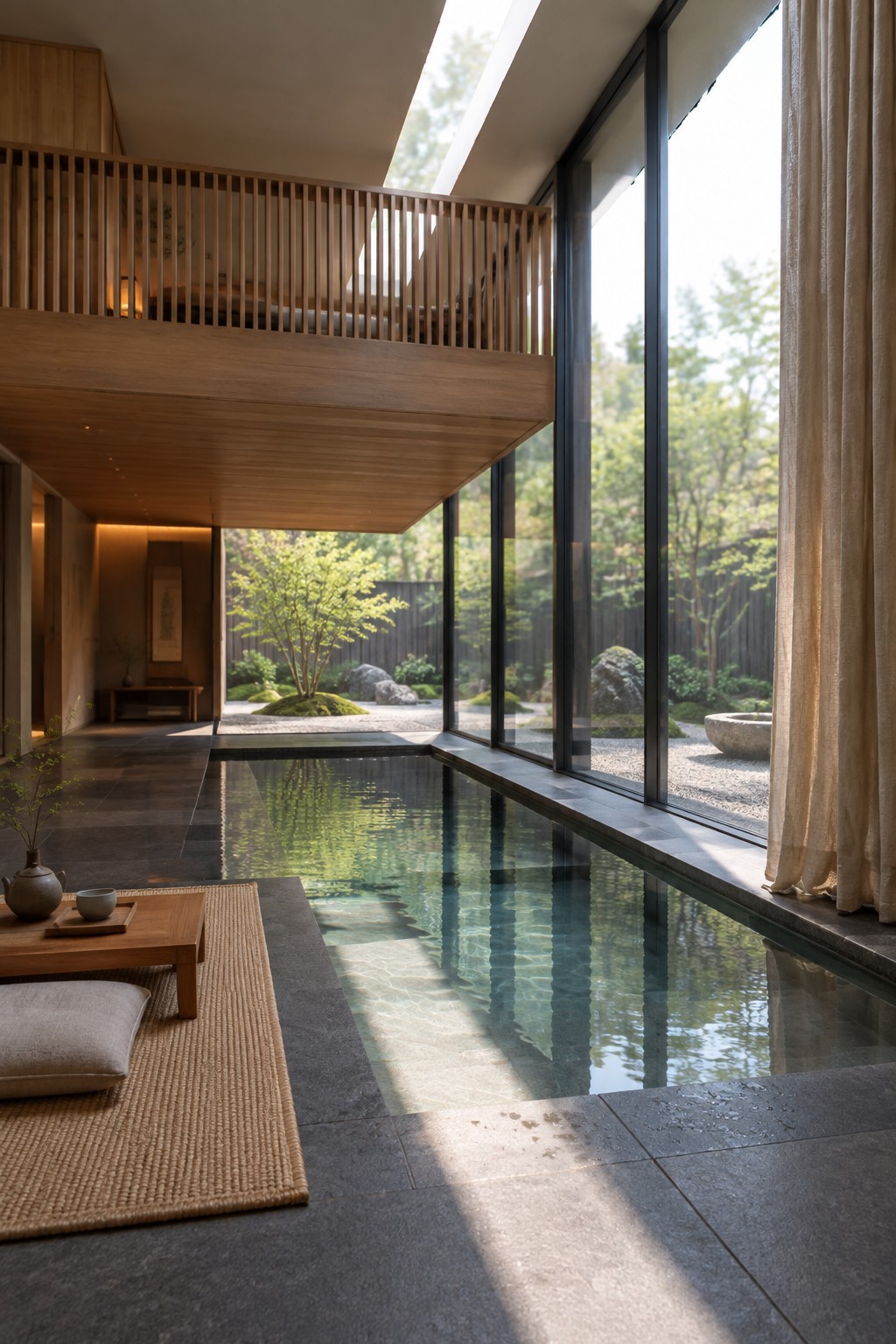 An indoor pool runs alongside floor-to-ceiling glass windows that overlook a Japanese garden, with a wooden mezzanine above and a low table on a woven mat in the foreground.