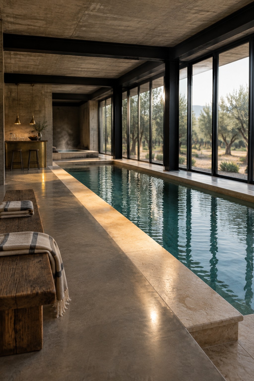 A long indoor pool with floor-to-ceiling glass windows along one side, showing olive trees outside, concrete walls and floor, and wooden benches in the foreground.