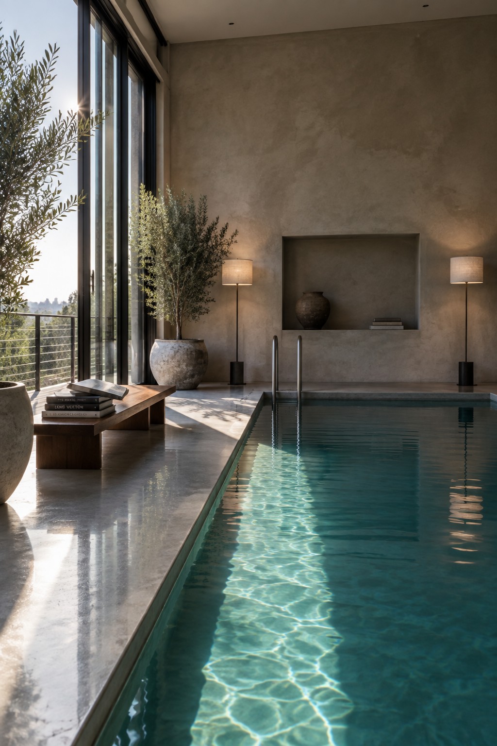 An indoor pool with large floor-to-ceiling glass windows on the left side, a wooden bench with stacked books in the foreground, two floor lamps, and a recessed wall niche holding a vase and books.