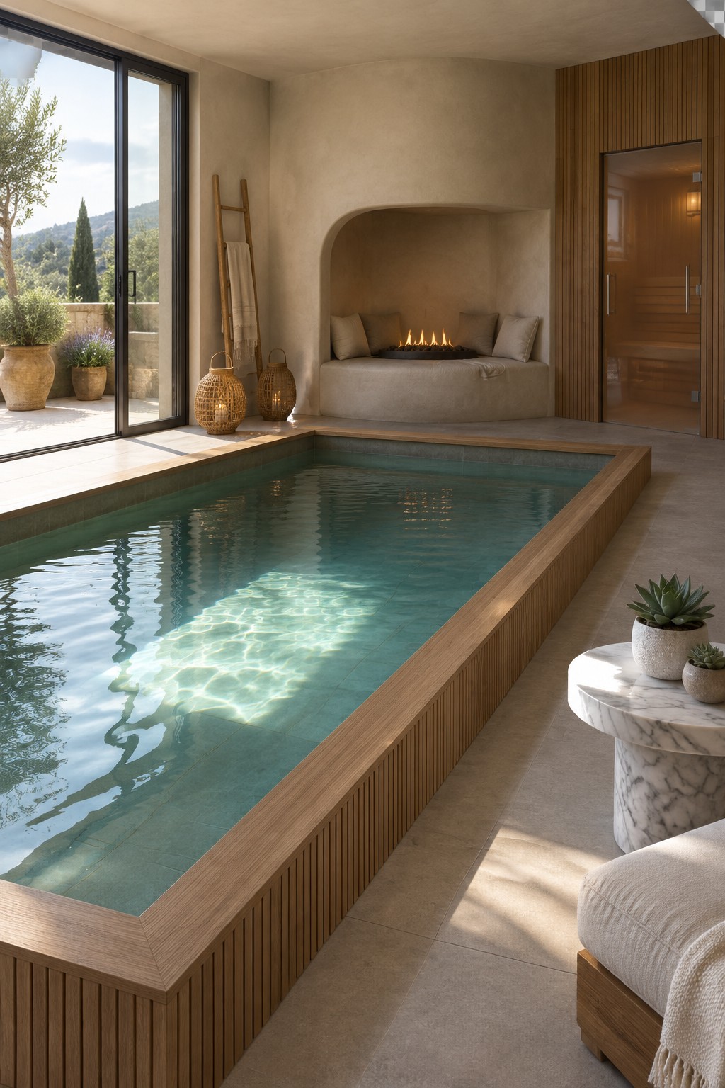 An indoor lap pool with wood trim runs alongside large black-framed glass sliding doors that open to a hillside view, with a curved fireplace nook visible at the far end.