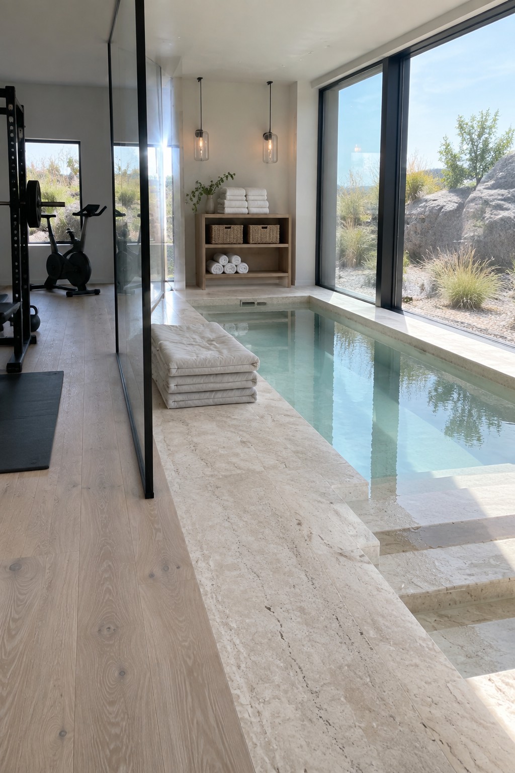 Modern indoor pool with marble edges, stacked towels, gym behind glass wall, and large windows.