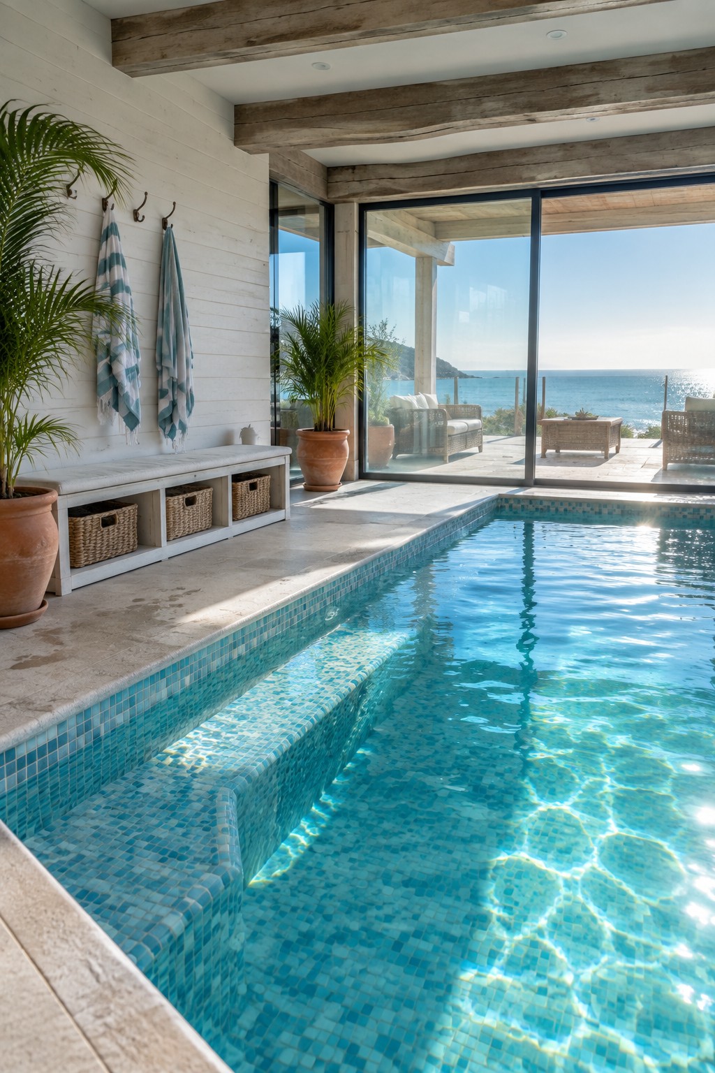 Indoor pool with blue mosaic tiles, large glass sliding doors open to ocean view, potted plants, and white bench with woven baskets along the wall.