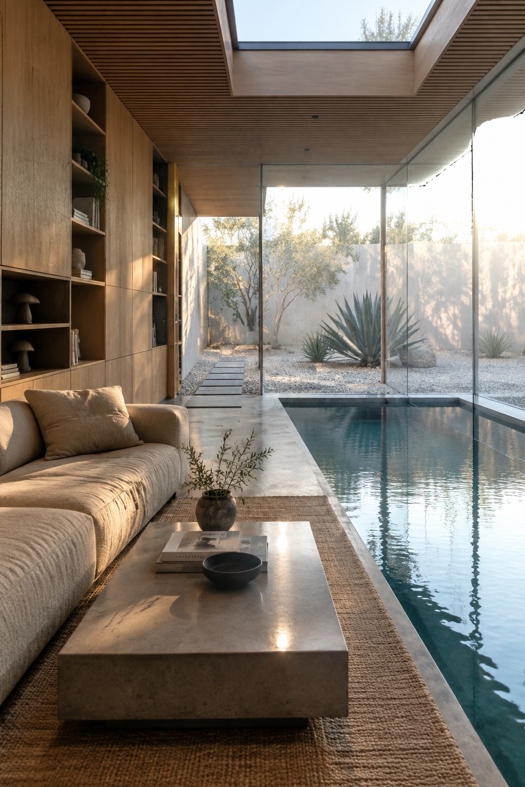 A modern interior shows a beige sofa and concrete coffee table on a woven rug positioned directly beside a long indoor pool, with full-height glass walls revealing a gravel courtyard and trees outside.