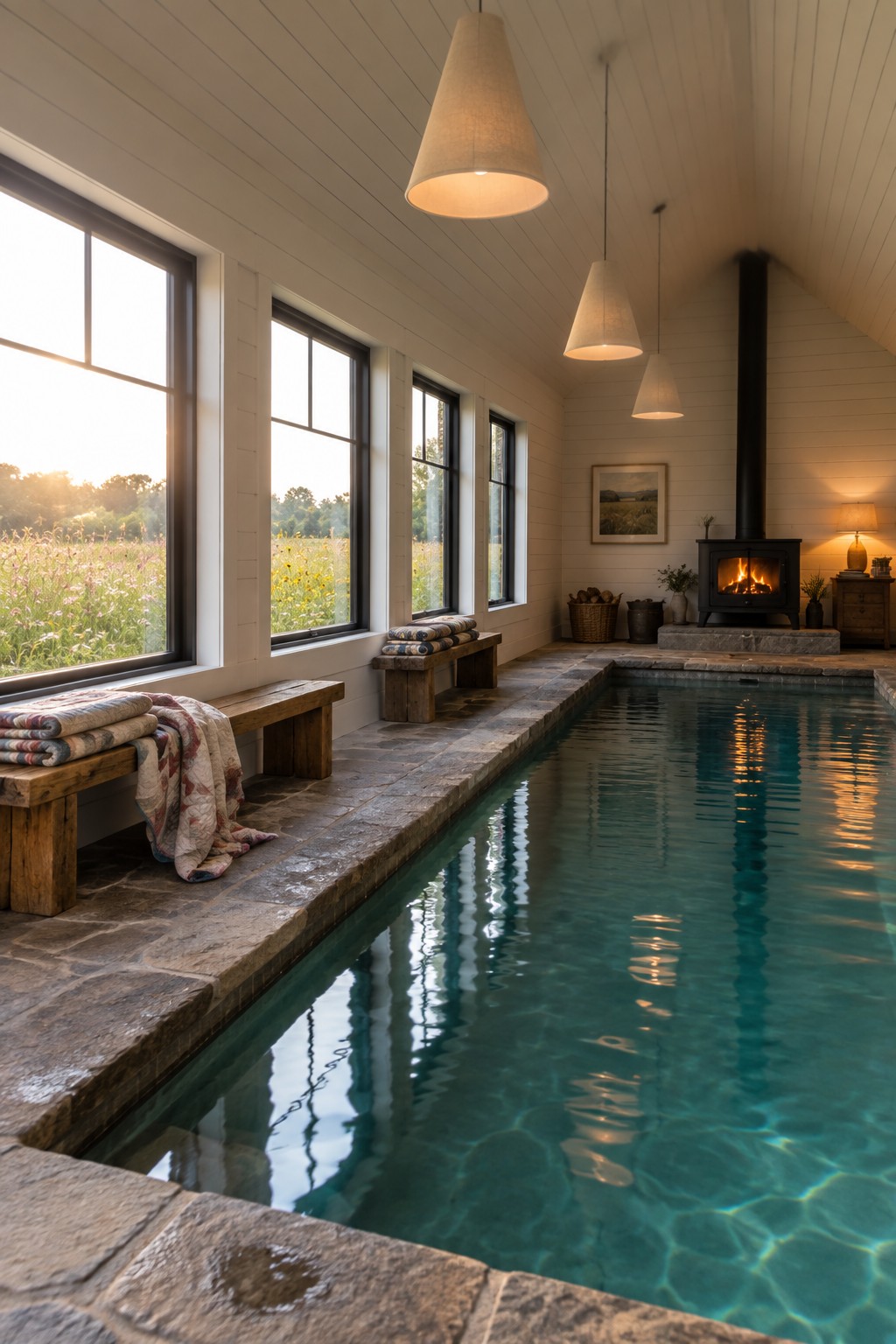 An indoor pool room with large black-framed windows along one wall overlooking a meadow, wooden benches with blankets on the left, and a wood-burning stove on the right.