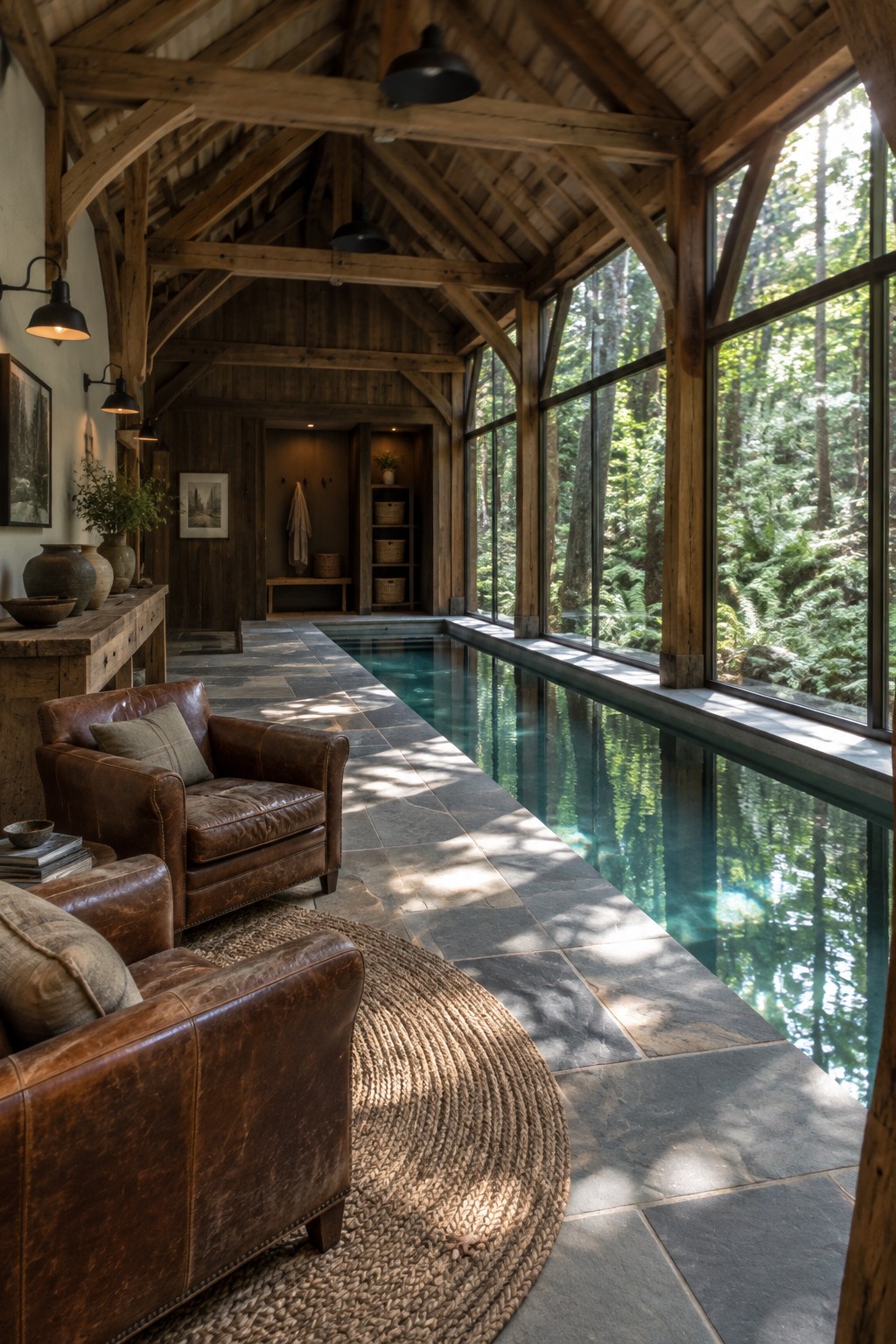 An indoor lap pool runs the length of a wooden room beside floor-to-ceiling glass windows overlooking trees, with leather armchairs on a round rug in the foreground.