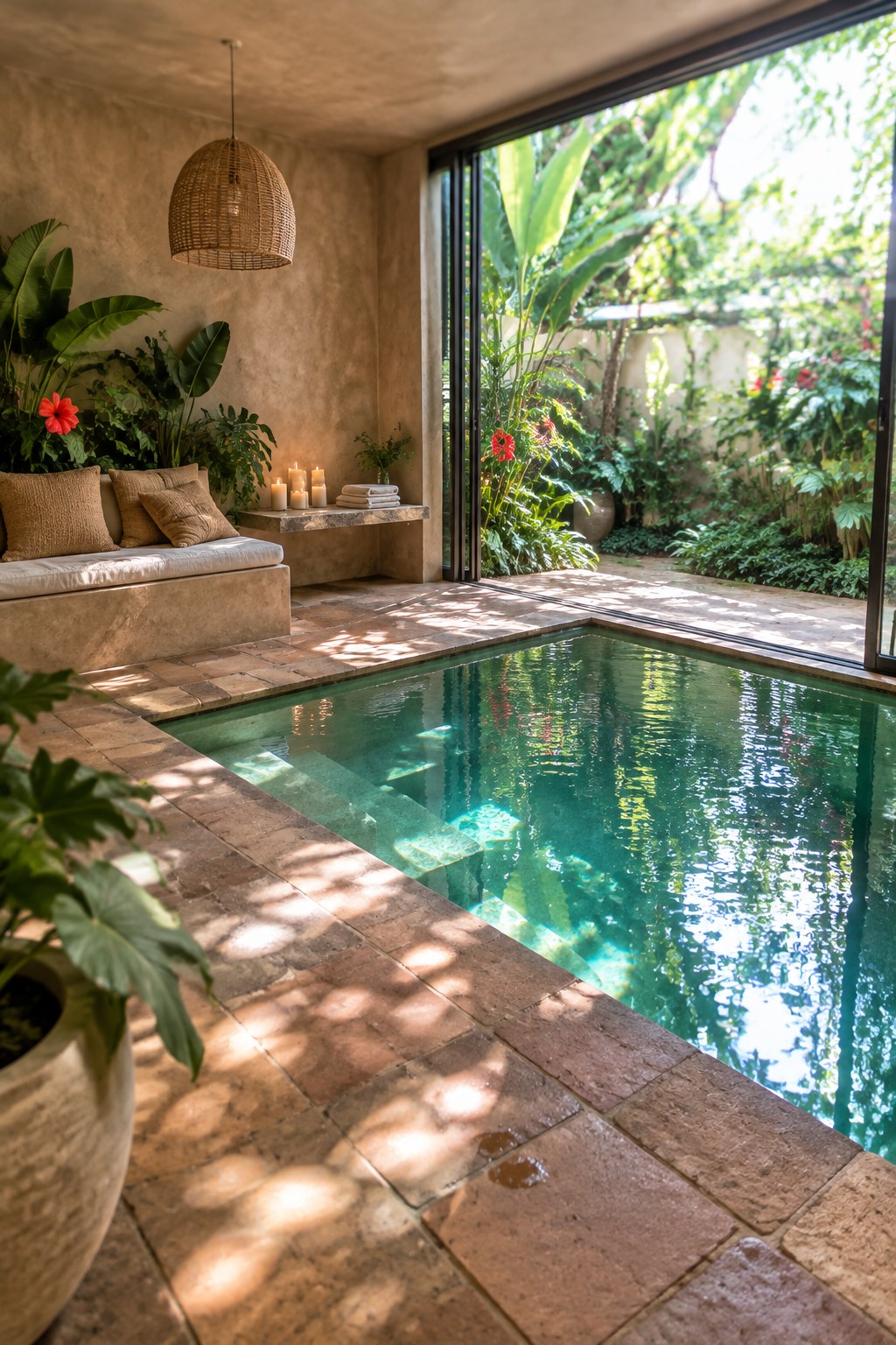 An indoor pool with large open glass sliding doors revealing a lush tropical garden with stone tile decking and potted plants.