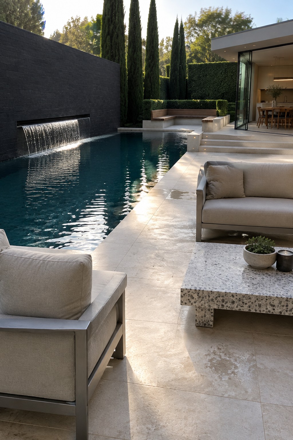 19 Modern Infinity Pool Ideas Featuring Clean Architectural Lines A modern outdoor pool with a dark stone wall on the left featuring a wide horizontal spillway, light stone decking, beige outdoor sofa and chair, terrazzo table, and a contemporary house with open glass doors visible on the right.