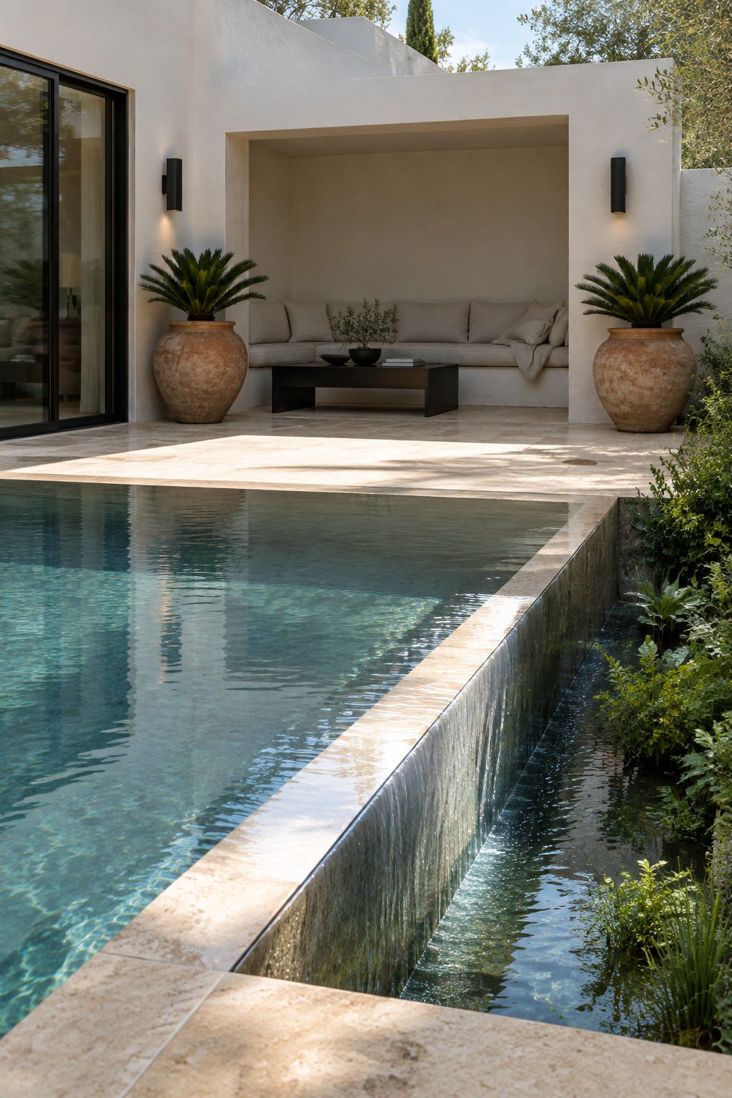 19 Modern Infinity Pool Ideas Featuring Clean Architectural Lines A modern infinity pool with a long vanishing edge and a recessed seating alcove set into a white stucco wall, flanked by two large terracotta pots.