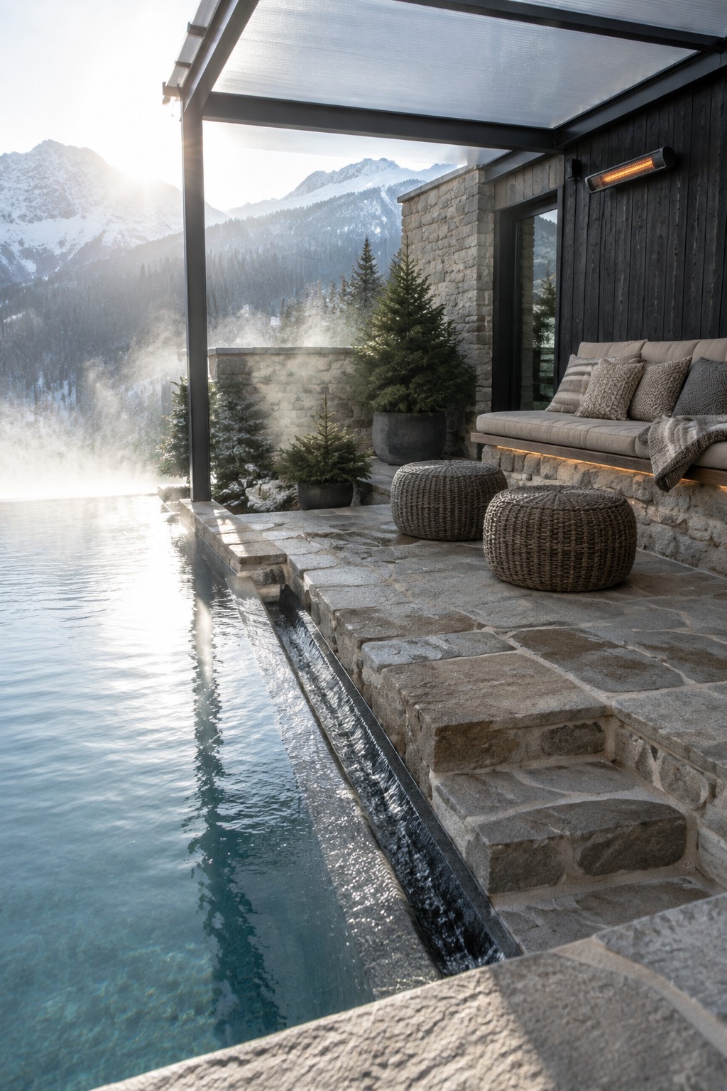 19 Modern Infinity Pool Ideas Featuring Clean Architectural Lines Modern infinity pool with stone patio, built-in cushioned bench seating, woven ottomans, and mountain backdrop.