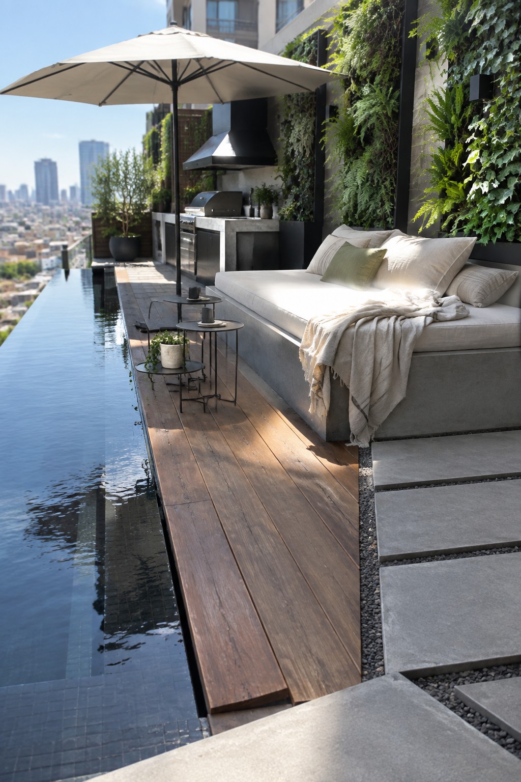 19 Modern Infinity Pool Ideas Featuring Clean Architectural Lines An infinity pool with dark tile edges sits beside a wooden deck, a built-in concrete daybed with beige cushions and a throw, a large umbrella, and a vertical garden wall on the right.