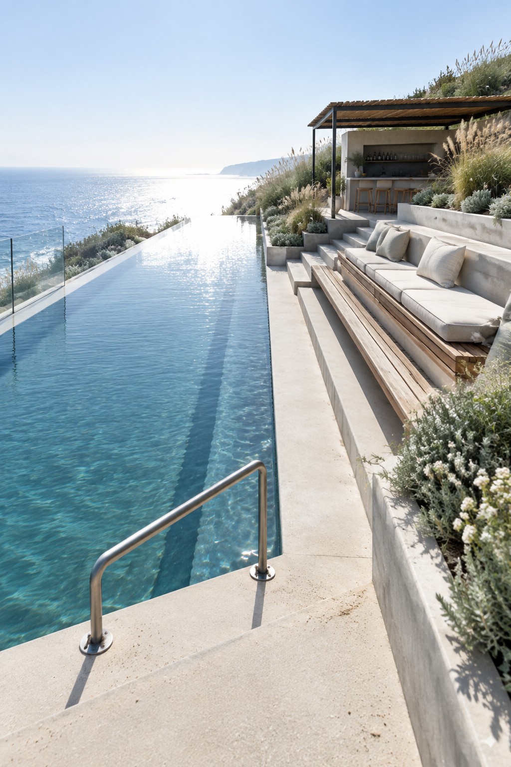 19 Modern Infinity Pool Ideas Featuring Clean Architectural Lines An infinity pool with a glass edge overlooks the ocean, next to concrete steps and a long built-in bench with cushions, plus a covered outdoor bar area.