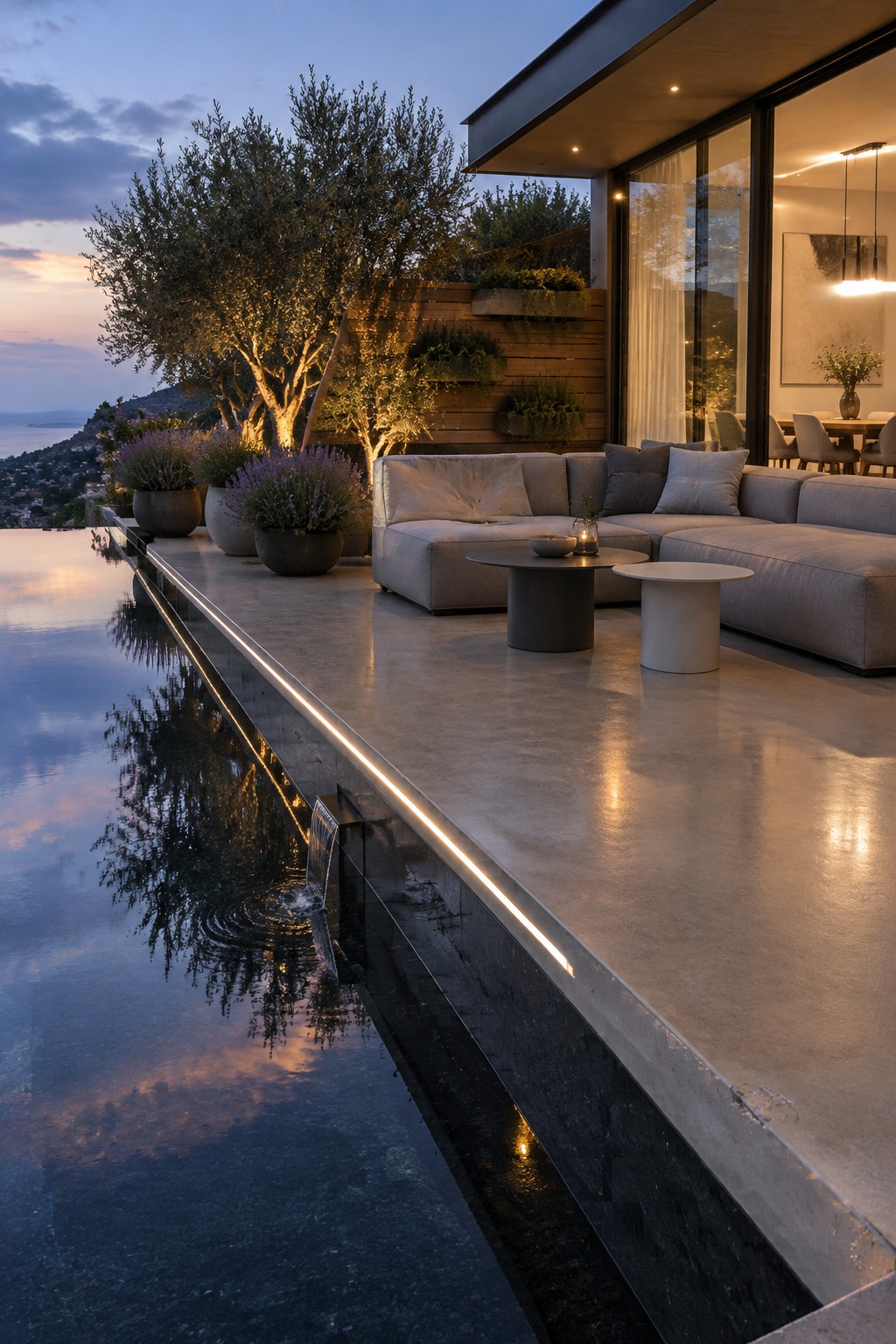 19 Modern Infinity Pool Ideas Featuring Clean Architectural Lines Modern infinity pool with illuminated edge running beside a gray outdoor sectional sofa on a concrete deck at dusk.