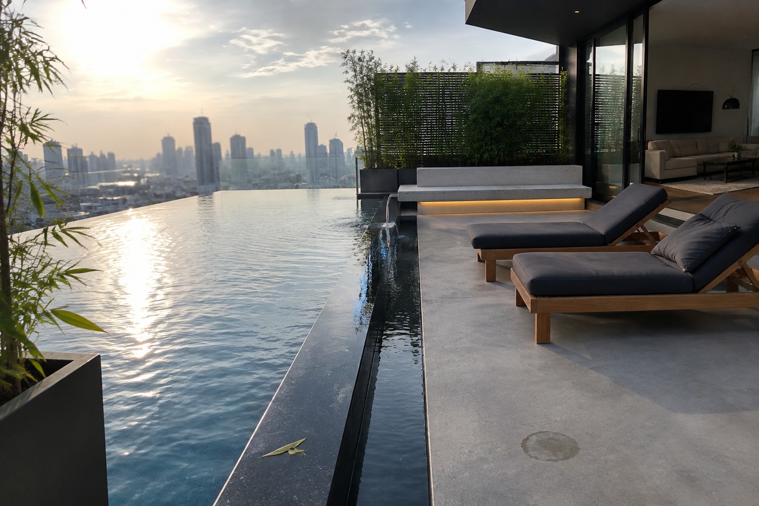 An infinity pool with a narrow linear water channel along its edge, two dark lounge chairs on a concrete terrace, and a city skyline in the background.