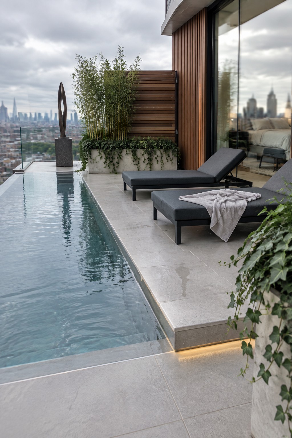 19 Modern Infinity Pool Ideas Featuring Clean Architectural Lines A long infinity pool with gray stone decking flush to the water edge, two dark lounge chairs, and a city skyline in the background.