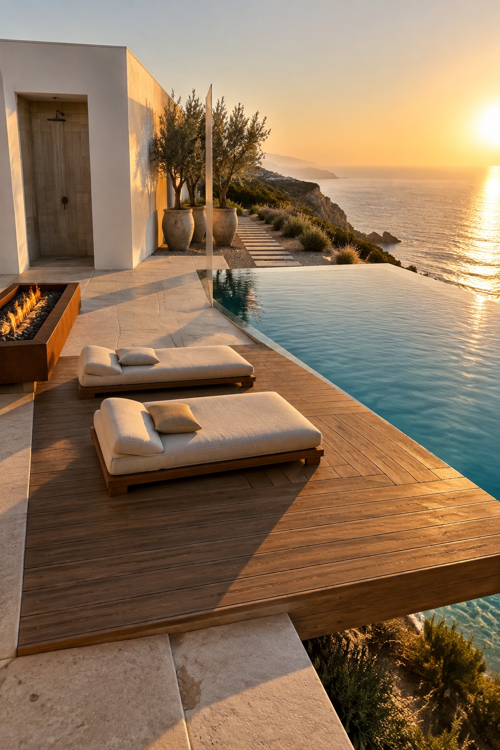 19 Modern Infinity Pool Ideas Featuring Clean Architectural Lines An infinity pool with a wooden deck, two lounge chairs, a fire pit, and potted trees overlooking the ocean at sunset.