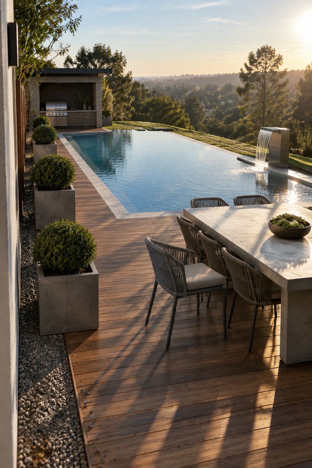 19 Modern Infinity Pool Ideas Featuring Clean Architectural Lines A long rectangular infinity pool with a flush edge sits next to a wooden deck that holds a concrete dining table, woven chairs, and potted shrubs, with a metal water feature at the far end.