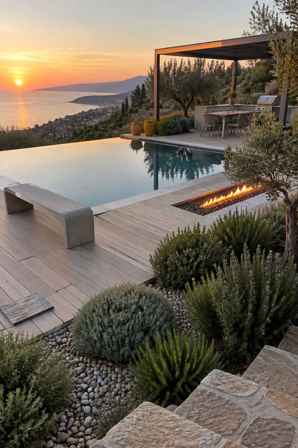 19 Modern Infinity Pool Ideas Featuring Clean Architectural Lines Luxury infinity pool at sunset with ocean view, fire pit, and modern patio