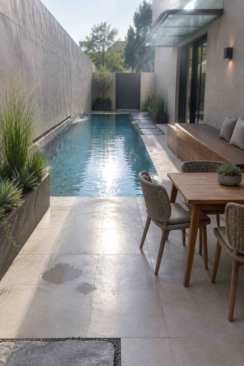 19 Modern Infinity Pool Ideas Featuring Clean Architectural Lines A long narrow pool with blue water runs between tall concrete walls on a light stone patio next to a wooden dining table and woven chairs.