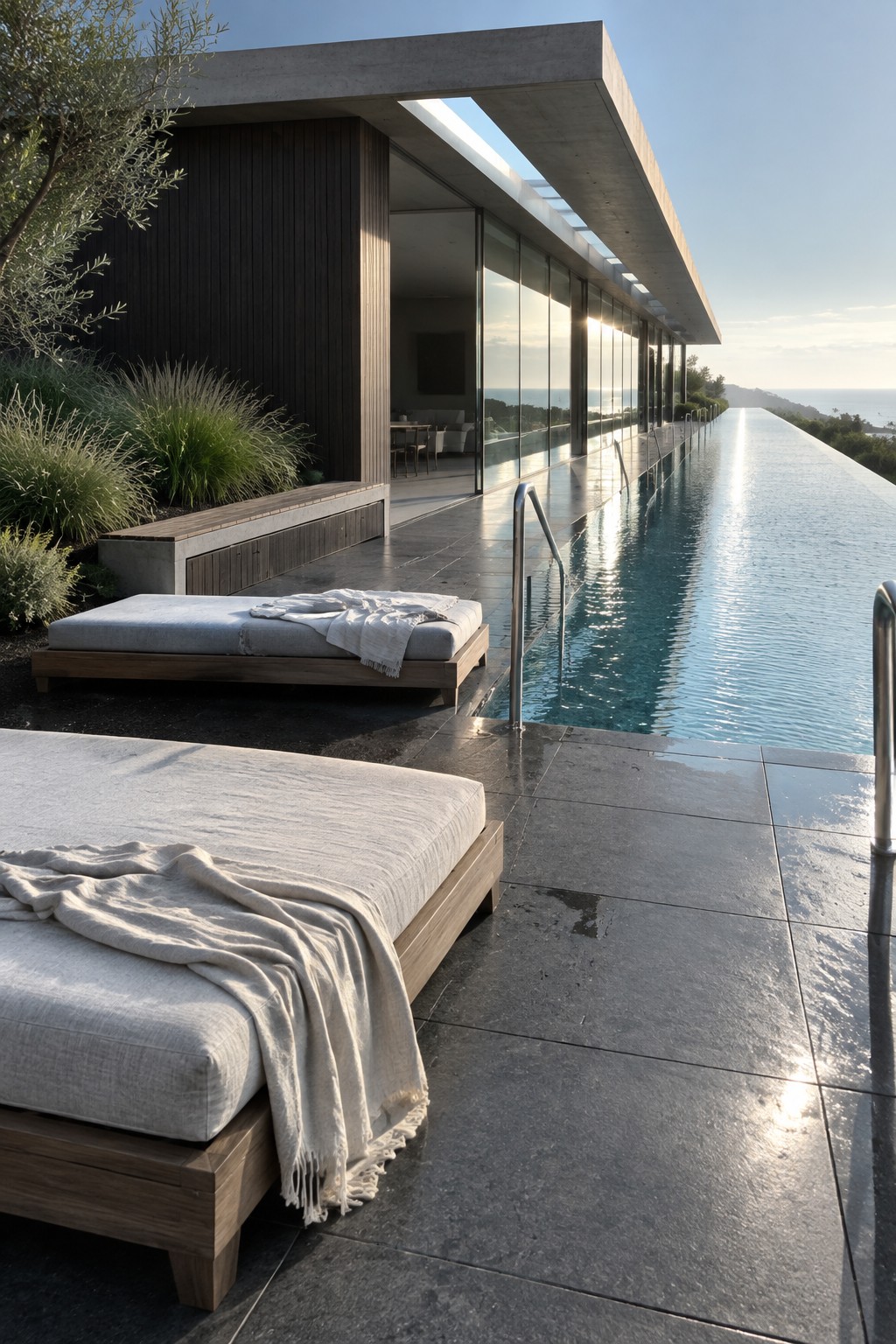 19 Modern Infinity Pool Ideas Featuring Clean Architectural Lines Modern house with a long rectangular infinity pool on a dark stone patio, two wooden lounge chairs in the foreground, and floor-to-ceiling glass windows along the building.