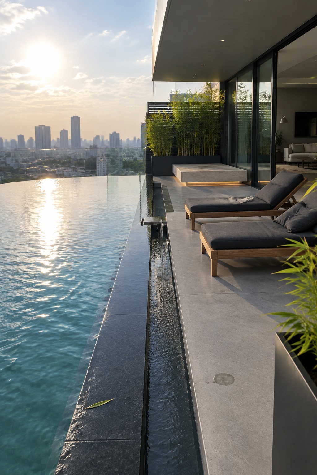 19 Modern Infinity Pool Ideas Featuring Clean Architectural Lines An infinity pool with a narrow linear water channel along its edge, two dark lounge chairs on a concrete terrace, and a city skyline in the background.