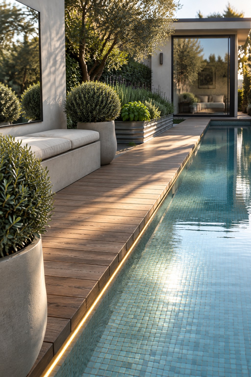 19 Modern Infinity Pool Ideas Featuring Clean Architectural Lines Modern poolside deck with glowing lights, planters, and glass-walled villa.
