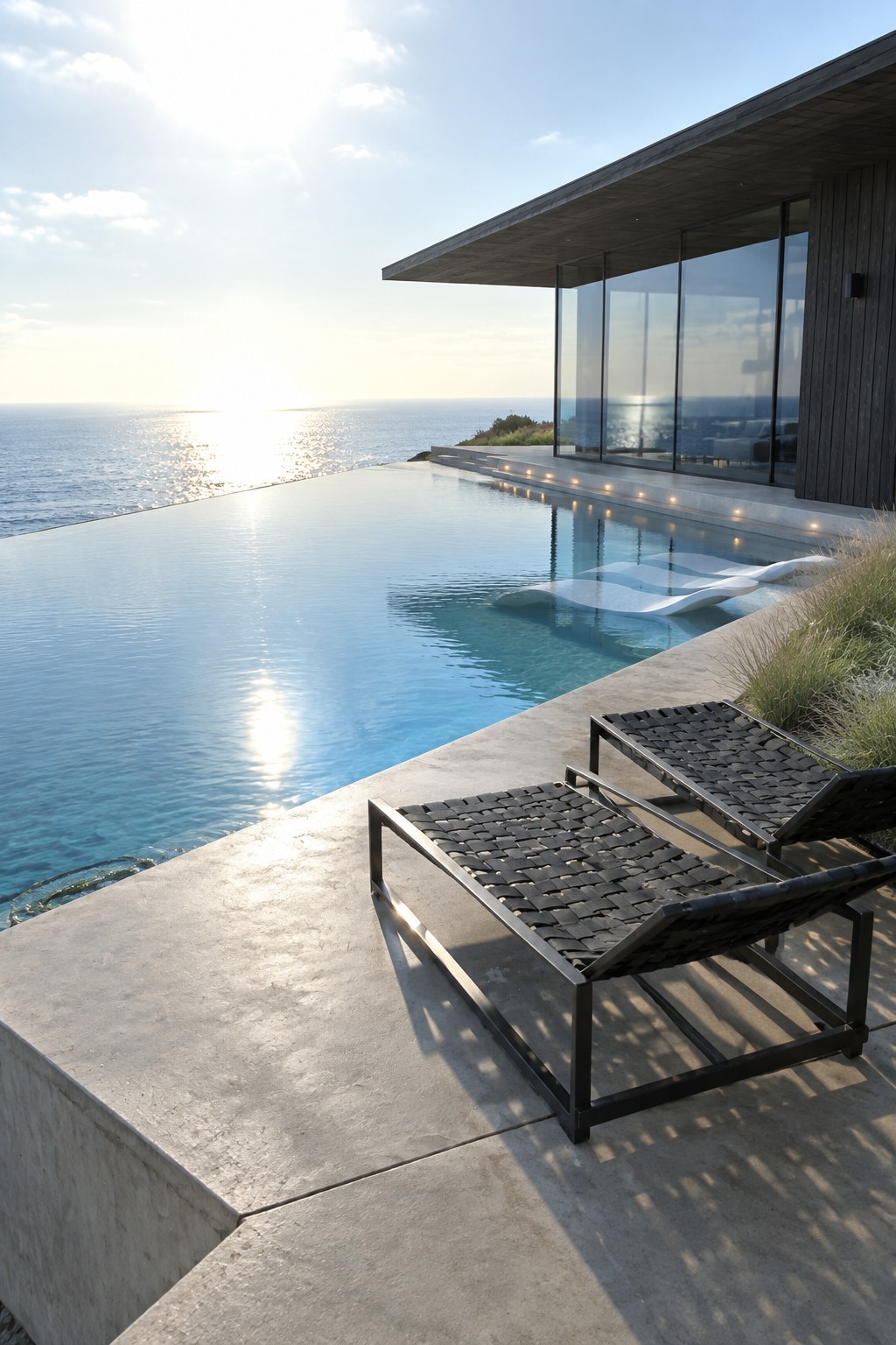 19 Modern Infinity Pool Ideas Featuring Clean Architectural Lines Modern infinity pool with lounge chairs overlooking sunlit ocean at cliffside villa
