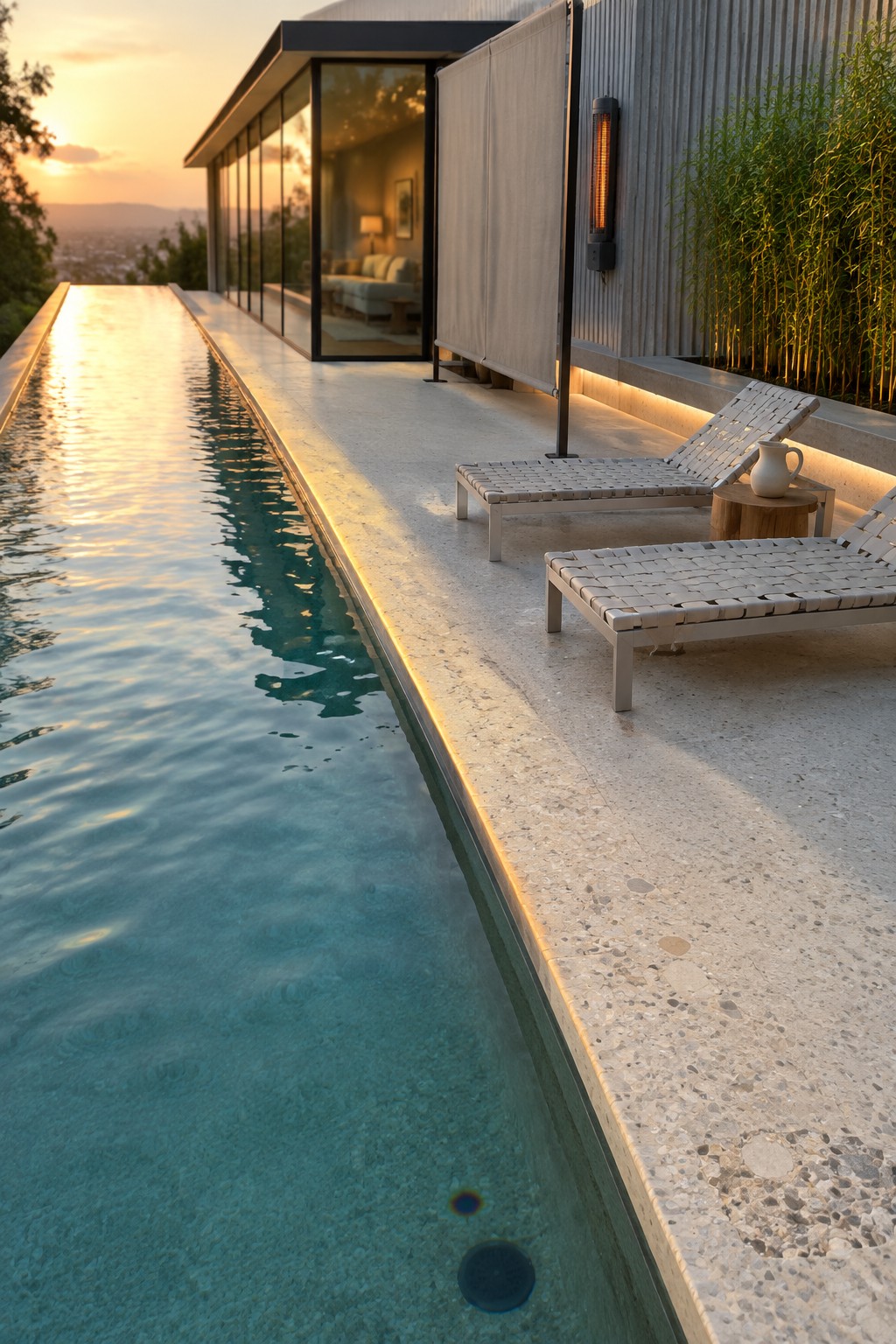 19 Modern Infinity Pool Ideas Featuring Clean Architectural Lines A long rectangular infinity pool with a crisp straight edge sits beside a modern house with large glass doors, two woven lounge chairs, and a concrete deck at sunset.