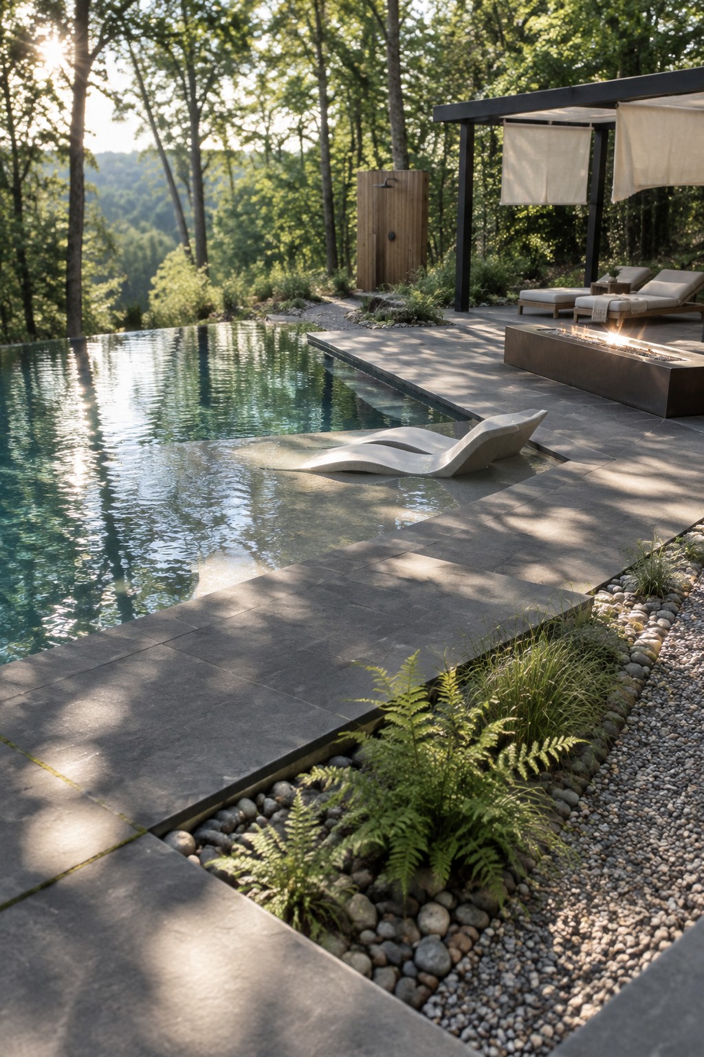 19 Modern Infinity Pool Ideas Featuring Clean Architectural Lines A modern infinity pool with large dark stone deck tiles, a sculptural lounge chair at the water's edge, a fire pit, and a wooden outdoor shower set against a wooded hillside.