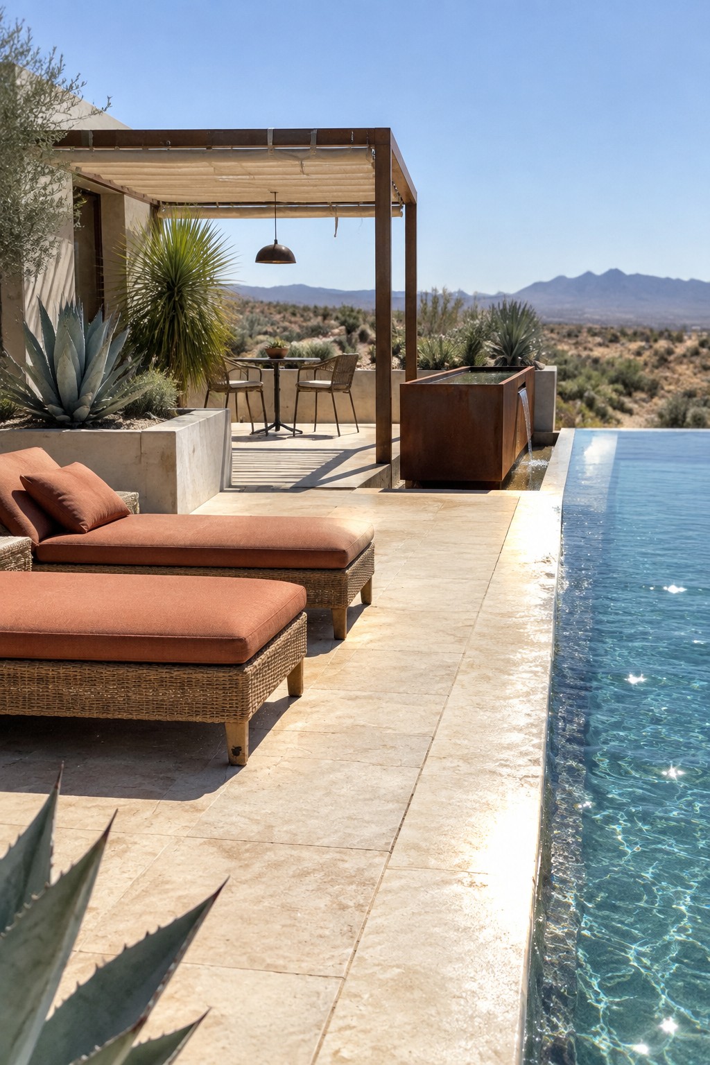 19 Modern Infinity Pool Ideas Featuring Clean Architectural Lines Terracotta lounge chairs beside infinity pool with desert mountains and agave plants