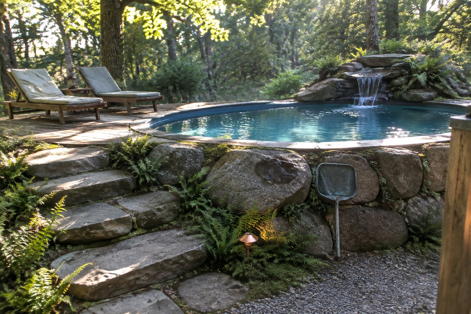 An above-ground pool with a rock waterfall edge, surrounded by large mossy boulders, stone steps, ferns, and a wooden deck with two lounge chairs in a forest setting.
