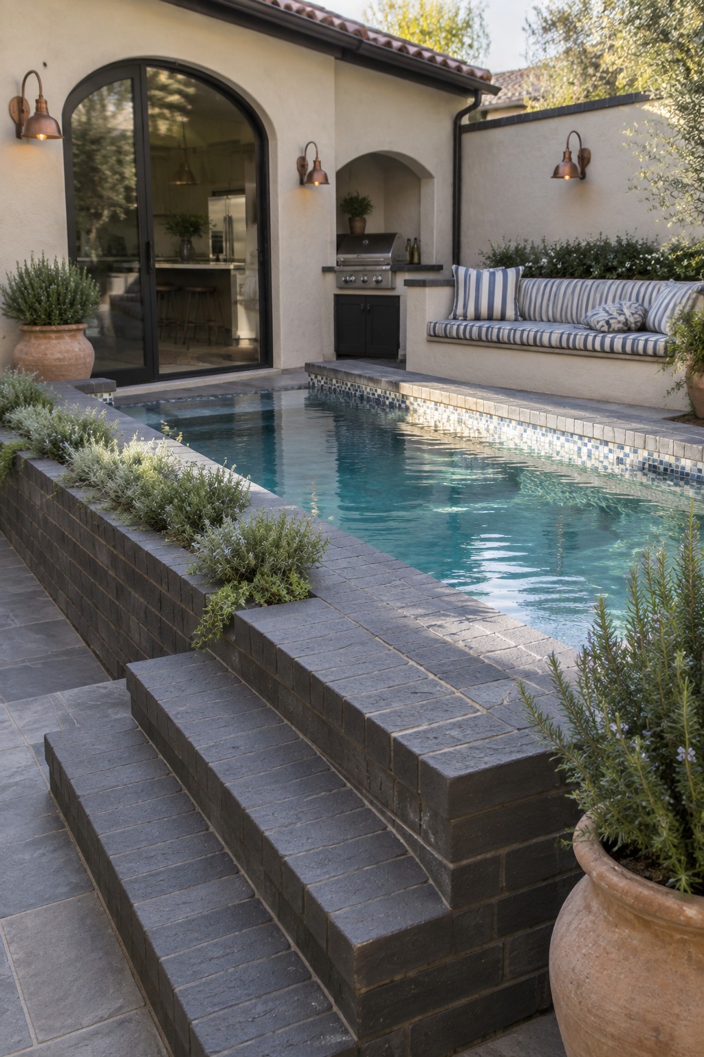 An above-ground pool with turquoise water is framed by dark stone coping and wide steps, next to a stucco house with outdoor seating and a grill area.