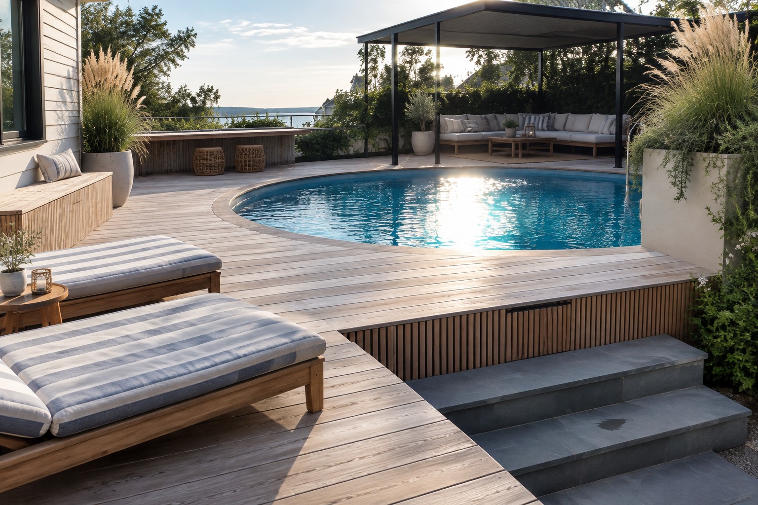 A round above ground pool with bright blue water sits on a large wooden deck, surrounded by striped lounge chairs, a pergola with seating, and potted plants.