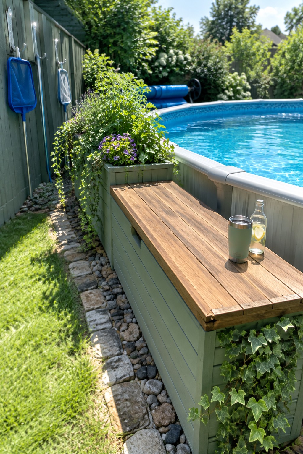 A long wooden storage bench with a green frame sits beside an above ground pool, with a planter on top, a tumbler and bottle on the bench, and ivy growing down one side.