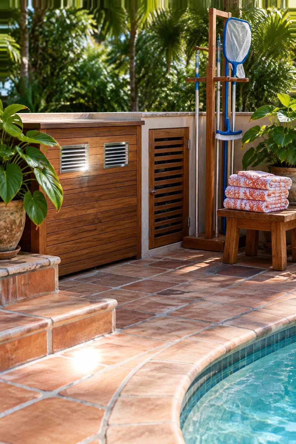 A wooden storage cabinet with metal vents is built into a tiled pool deck beside a rack of pool tools and stacked towels.