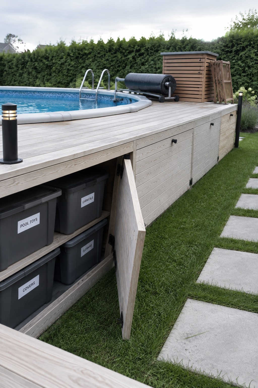 Wooden deck cabinets with open door revealing labeled gray bins for pool supplies