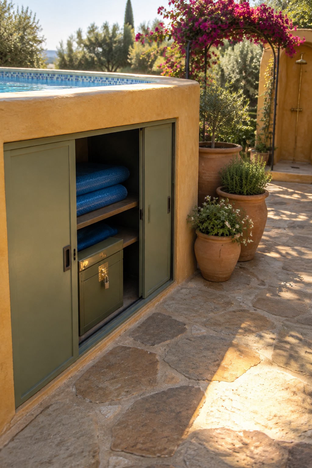 Open green cabinet in beige wall holds blue pool covers beside terracotta plant pots.